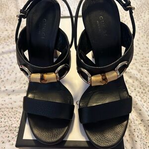 Gucci Black Leather Bamboo-Accent Open-Toe Heels